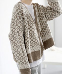 カーディガン | ニットトップス ニット長袖 幾何学柄 配色ダイス柄 羽織り アーガイル柄 春秋冬 ジャガードレディース