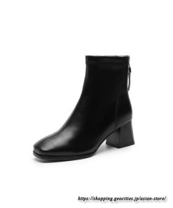 ショートブーツ | レディース 春秋ブーツ スクエアトゥ ブーツ チャンキーヒール 太ヒール 後ろファスナー 靴 通学通勤 シューズ 大人 黒ブーツ ミドルヒール