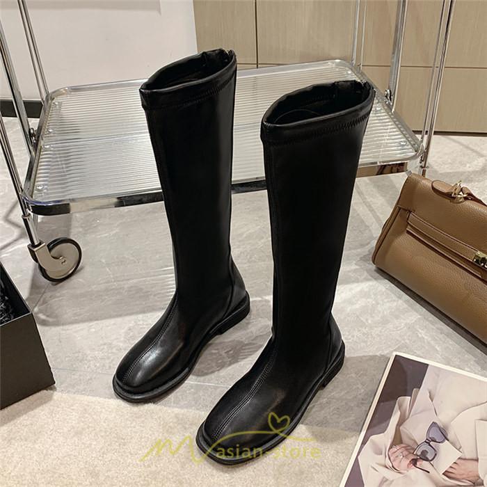 ロングブーツ | レディース ロング丈 太ヒール スクエアトゥ トレンド PU 黒 シンプル コスプレ 美脚 おしゃれ 歩きやすい 履きやすい 滑にくい かわいい