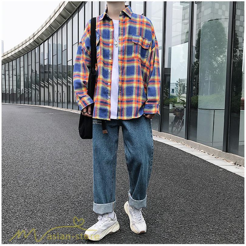 シャツ | ライトアウター 秋服 薄手 メンズ チェック柄 長袖 ポケット 韓国風 カッコウイイ 日常感 ワイドコットン 大きいサイズ トップス 大きいサイズ 男性着