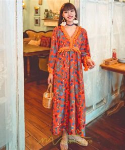 マキシ | ワンピース 長袖 ゆったり 夏秋 レディース 個性的 マキシ丈 楽ちん 体型カバー エスニック 着痩せ 赤 青 オレンジ レトロ 高品質 民族風 20代30代40代 旅行 海