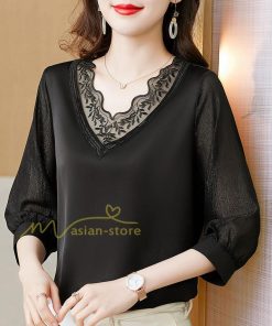 tシャツ・カットソー | Tシャツ レディース 7分袖 七分袖 カジュアル Vネック おしゃれ 女性用 シンプル 無地 ブラック 着痩せ レース付き シフォンシャツ 母の日 20代30代40代50代