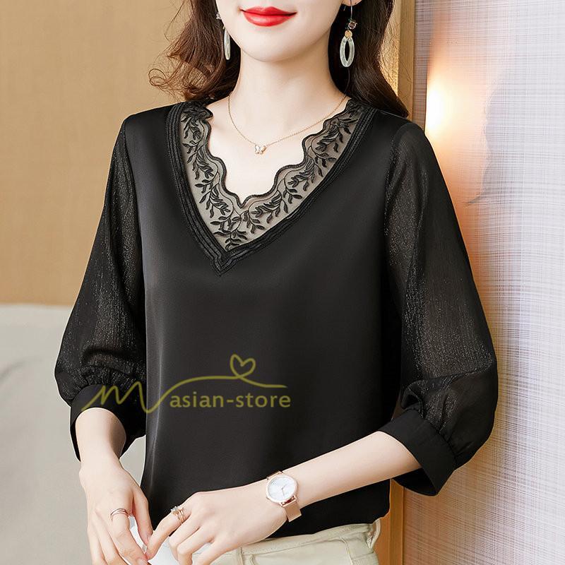 tシャツ・カットソー | Tシャツ レディース 7分袖 七分袖 カジュアル Vネック おしゃれ 女性用 シンプル 無地 ブラック 着痩せ レース付き シフォンシャツ 母の日 20代30代40代50代