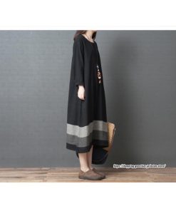 マキシ | リネンワンピース50代レディース綿麻風 長袖秋物 丸ネック 無地 Aラインワンピース ミモレ丈ワンピース サイドポケット ワンピース 30代40代 シンプル 大人