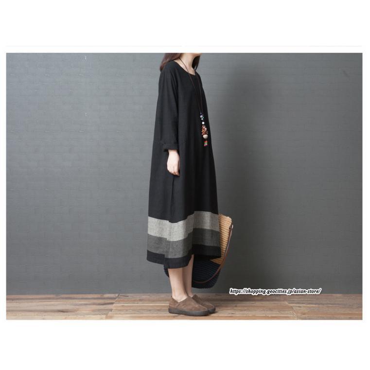 マキシ | リネンワンピース50代レディース綿麻風 長袖秋物 丸ネック 無地 Aラインワンピース ミモレ丈ワンピース サイドポケット ワンピース 30代40代 シンプル 大人