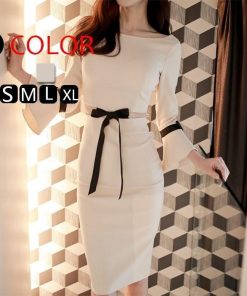 タイト | ワンピース タイトワンピース 結婚式 パーティードレス ミディアム 膝丈 袖あり 二次会 お呼ばれ 上品 演奏会 リボンつき ワンピ オフィス きれいめ