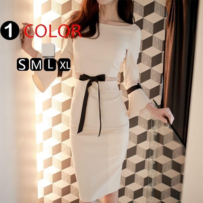 タイト | ワンピース タイトワンピース 結婚式 パーティードレス ミディアム 膝丈 袖あり 二次会 お呼ばれ 上品 演奏会 リボンつき ワンピ オフィス きれいめ