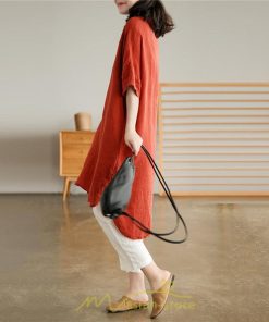 送料無料SALE | ワンピース 夏シャツ レディース 五分袖 シャツワンピース 綿麻 無地 プルオーバー 体型カバー ゆったり 大きめ 夏服 ポケット 30代40代 膝丈 おしゃれ 前後差