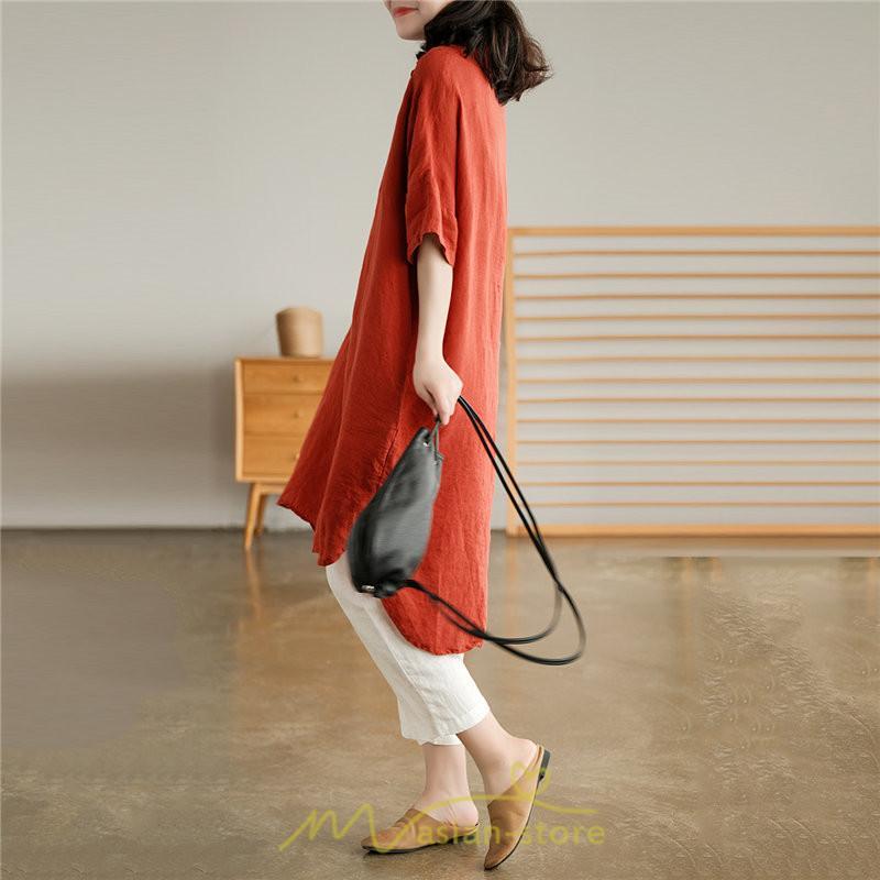 送料無料SALE | ワンピース 夏シャツ レディース 五分袖 シャツワンピース 綿麻 無地 プルオーバー 体型カバー ゆったり 大きめ 夏服 ポケット 30代40代 膝丈 おしゃれ 前後差