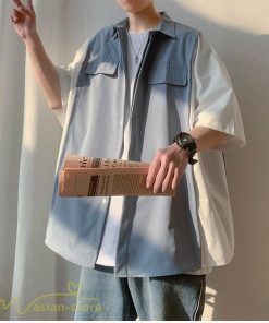 シャツ | ライトアウター メンズ ワイドカジュアル 切り替え トップス ゆったり 5分袖 韓国風 カッコウイイ ゆる夏コーデ オーバーサイズ 大きいサイズ