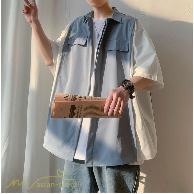 シャツ | ライトアウター メンズ ワイドカジュアル 切り替え トップス ゆったり 5分袖 韓国風 カッコウイイ ゆる夏コーデ オーバーサイズ 大きいサイズ