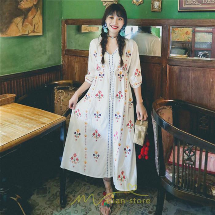 マキシ | ロング丈ワンピース レディース 花柄 Aライン 七分袖 ロング丈 ゆるシンプル きれいめ Vネック カジュアル 細見え 白 リゾート 黄色 上品 華やか 旅行