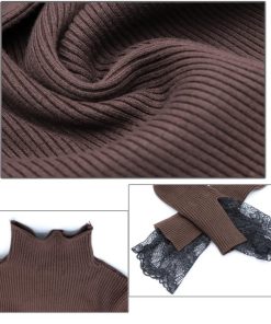 ニット・セーター | フェミニン 秋 スリムフィット 長袖 リブニットトップス レディース 袖レース 冬 細見 ニットセーター ハイネック ニットソー