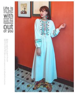 マキシ | ワンピース 長袖 ハイウエスト 綿麻 コットン リネン ロング ロング丈 Aライン ワンピ レディース 着痩せ 体型カバー 丸首 白 黄色 赤 通勤 Vネック 刺繍