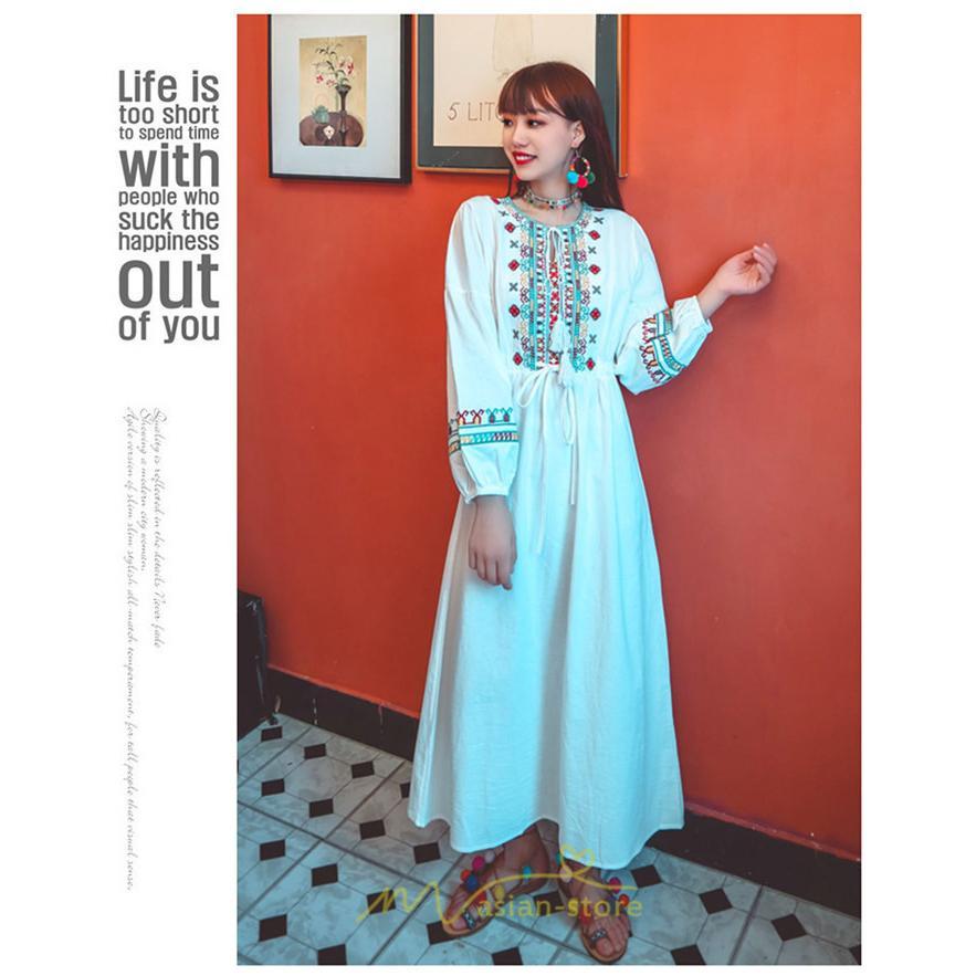 マキシ | ワンピース 長袖 ハイウエスト 綿麻 コットン リネン ロング ロング丈 Aライン ワンピ レディース 着痩せ 体型カバー 丸首 白 黄色 赤 通勤 Vネック 刺繍