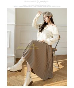 スカート | プリーツロングミモレ丈 Aラインウエストゴム ハイウエスト 秋冬 無地 ゆったり 大人 通学通勤 プリーツ エレガント