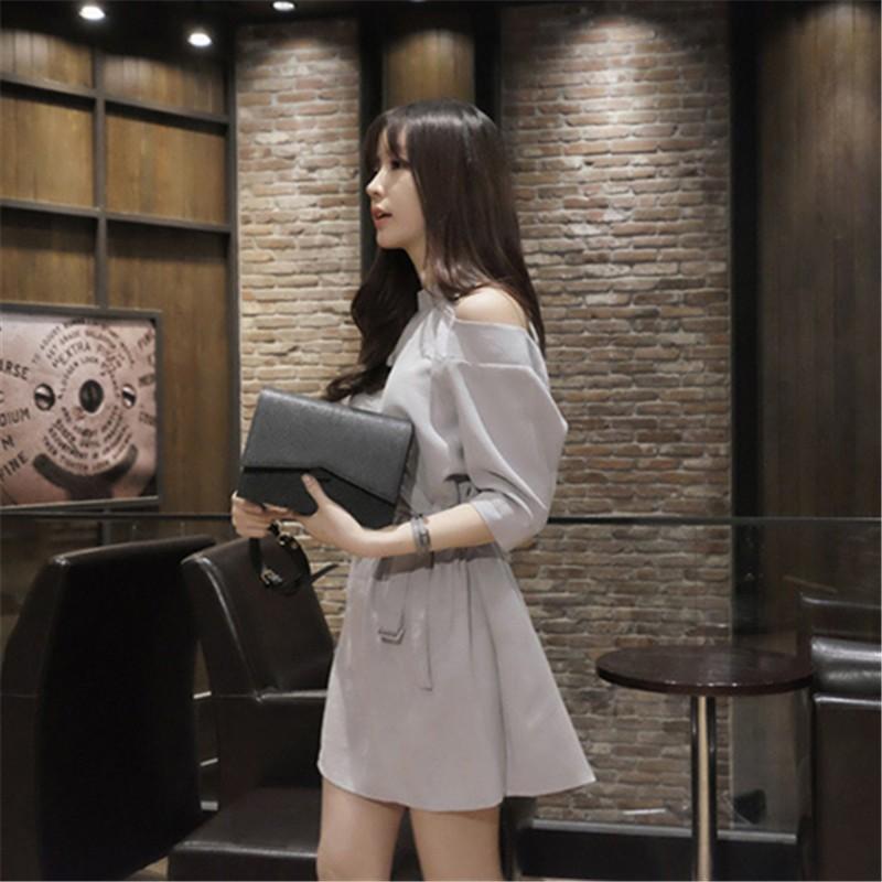 ミニ丈 | ワンピース 夏 レディース ミニワンピース Aラインワンピース 可愛い 無地 グレー 低身長 五分袖 セクシー 大人 スリム 肩出し