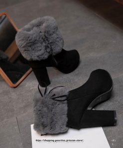 ブーツ | ショートレディース 10cmハイヒール ファー 冬用 保温防寒 太めヒール サイドジッパー スエード調 痛くない 冬靴 オシャレ 歩きやすい 痛くない