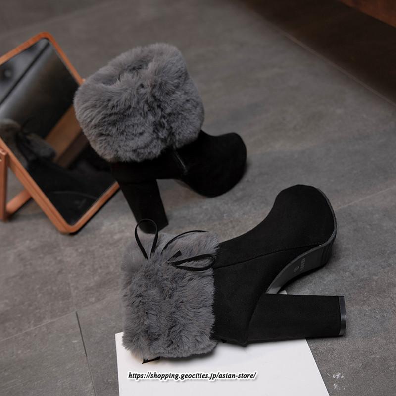 ブーツ | ショートレディース 10cmハイヒール ファー 冬用 保温防寒 太めヒール サイドジッパー スエード調 痛くない 冬靴 オシャレ 歩きやすい 痛くない