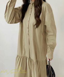 マキシ | シャツワンピース モックネック レディース 無地 長袖 切り替え Aラインワンピース 20代30代 フリーサイズ 春 ゆるワンピース コーデ 40代50代 秋 体型カバー