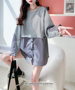 パーカー | 重ね着風トレーナー レディース 長袖 トップス カジュアル スウェット ストライプ柄 ゆったり トレーナー トップス きれいめ レイヤード風 可愛い 切り替え