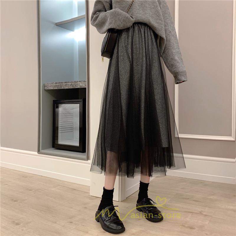 スカート | チュール秋冬 チュールフレアロングキラキラ ふんわり ウエストゴム レディース Aラインミモレ丈可愛 キレイめ ボトムス