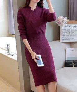 在庫ある | 短納期ニットワンピース 膝丈ワンピース タイトワンピース 長袖 インナー カットソー Vネック エレガント 着痩せ シルエット ビジネスオフィスフォーマル