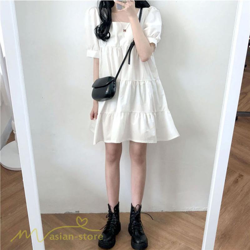 ミニ丈 | ワンピース 無地 レディース ショートワンピース 半袖 かわいい スクエアネック サマーワンピース 夏新作 カジュアル 黒 Aラインワンピース XL ゆったり 白