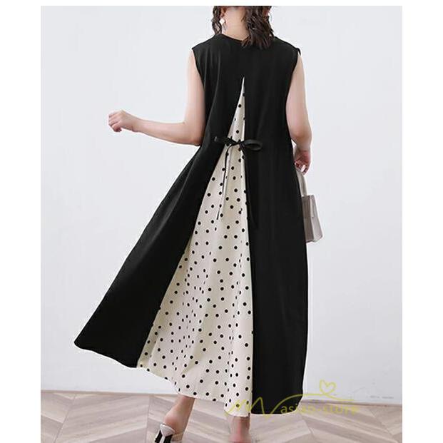 マキシ | ワンピース レディース マキシワンピース 可愛い 春夏 春 夏 きれいめ ゆったり ロングワンピース ノースリーブ 切り替え フェイク 50代 40代 30代