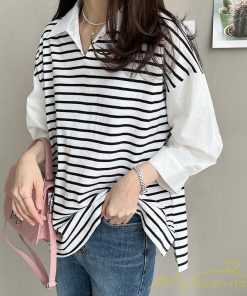 シャツ・ブラウス | ブラウスシャツ レディース 七分袖 Tシャツ 切り替え ボーダー フェイク 重ね着風 レイヤード トップス オフィスカジュアル 大人 20代 50代 通勤 30代