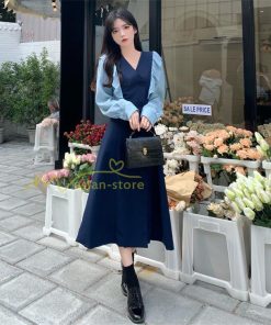 マキシ | Vネックワンピース ミモレ丈ワンピース フレア 秋 レディース 長袖ワンピ 腰着痩せ Aラインワンピース 30代40代 ドッキングワンピ エレガント 大人 通学通勤