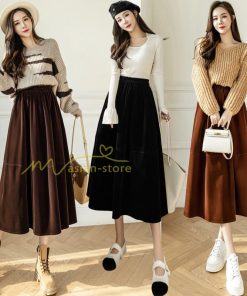 スカート | ロングミモレ丈 Aラインフレアビロードウエストゴム ハイウエスト 秋冬 無地 ゆったり 大人 通学通勤 エレガント