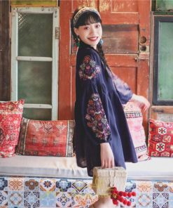 ミニ丈 | ワンピース レディース 長袖 夏秋 きれいめ 大人膝上 リゾート 花柄 おしゃれ 可愛い 通勤 お呼ばれ 綿麻 レトロ がーりー 甘め エスニック風 デート