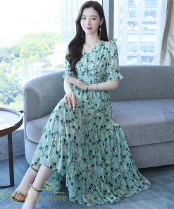 ミディアム | ワンピース レディース 着痩せ ロング丈 ロングワンピース カジュアル 花柄 Vネック 大きいサイズ ひざ下丈 サマーワンピース 40代 夏服 お出かけ 30代 20代