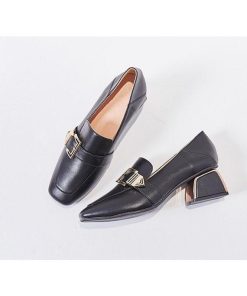 パンプス | スクエアトゥ チャンキーヒール ミドルヒール スリッポン レディース スリップオン シューズ 太ヒール ローファー 黒 22.5cm-25cm ブラック 30代