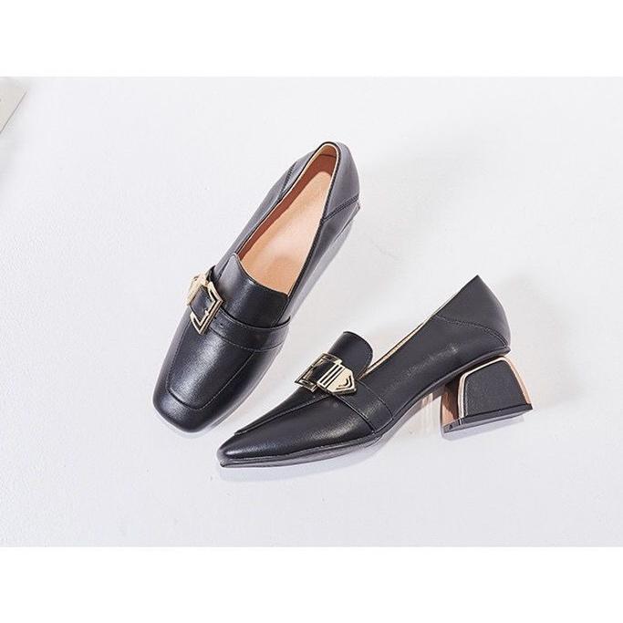 パンプス | スクエアトゥ チャンキーヒール ミドルヒール スリッポン レディース スリップオン シューズ 太ヒール ローファー 黒 22.5cm-25cm ブラック 30代