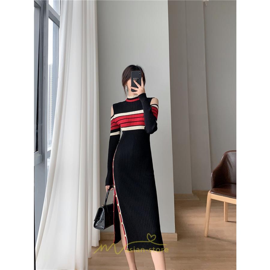ニットワンピース | ワンピース 秋 秋服 レディース ニット ロングワンピース ロング 長袖 肩出し 秋冬 送料無料 セクシー フェミニン デート 春 お出かけ 結婚式 暖か 通勤