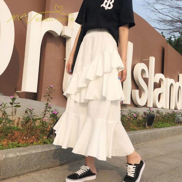 スカート | Aライン フレア裾 不規則アシンメトリー シフォン 韓国風 ティアード フリーサイズ 2020夏コーデ プリーツフレア ウエストゴム ハイウエスト