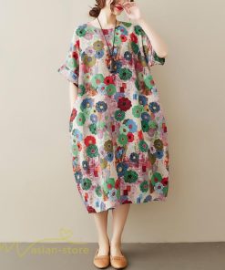 ミディアム | ミディアムワンピース レディース 膝丈 ゆるワンピース 花柄 きれいめ フリーサイズ ゆったり 半袖 麻 綿 リネン 女性着 きれいめ コットン クルーネック 着回し