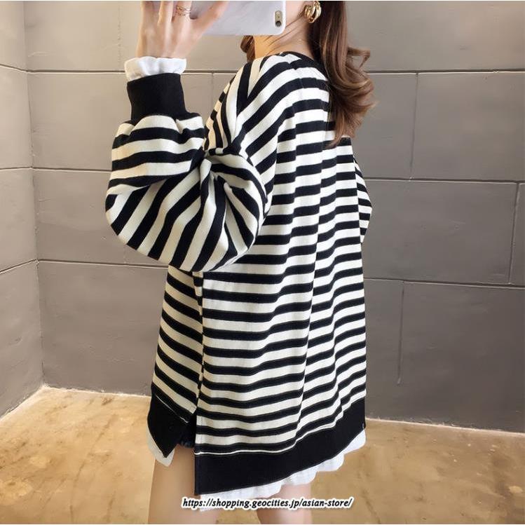 パーカー | 重ね着風トレーナー レディース 長袖 トップス カジュアル スウェット ボーダー柄 ゆったり トレーナー トップス 切り替え 可愛い きれいめ レイヤード風