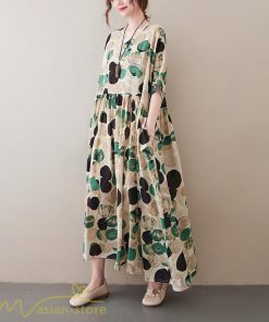 マキシ | Aラインワンピース レディース フリーサイズ 着痩せ プリント 5分袖 クルーネック 麻 綿 リネン 体型カバー ゆったり 薄手 サマーワンピース 夏コーデ