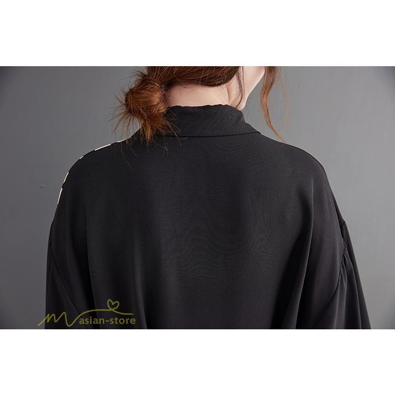 シャツワンピース | ワンピース 長袖 秋 新作 チェック柄 ゆったり 切り替え フリーサイズ ウエストリボン 体型カバー シンプル 大人 バルーンスリーブ 前開き