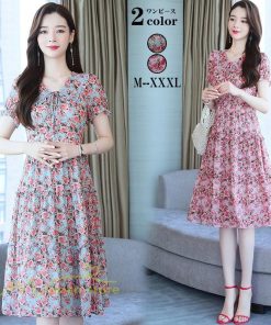 ミディアム | ワンピース レディース Aライン カジュアル Vネック サマー 半袖 ひざ丈 ミディアムワンピース 大きいサイズ 上品 花柄 着痩せ サマーワンピース 夏服