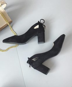 パンプス | スエード調 ポインテッドトゥ チャンキーヒール スエード太ヒール ストラップなし スリップオン バックリボン 無地 大きいサイズ ミドル