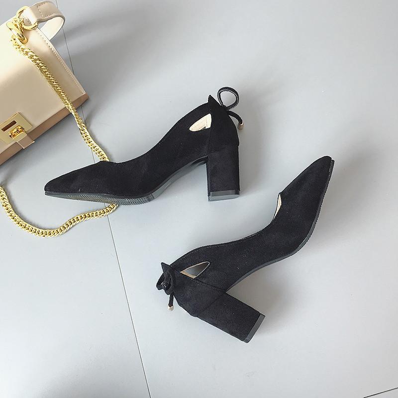 パンプス | スエード調 ポインテッドトゥ チャンキーヒール スエード太ヒール ストラップなし スリップオン バックリボン 無地 大きいサイズ ミドル