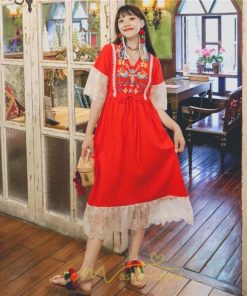 マキシ | ワンピース 七分袖 花と鳥 きれいめ ロング丈 レディース 夏 秋 レトロ 刺繍 レース Vネック エスニック風 リゾート　 イベント カジュアル お出かけ ボヘミアン