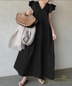 マキシ | ワンピース 半袖 デニムワンピース ロングワンピース マキシ丈 フレアスリーブ Aラインワンピース 無地 広い裾 30代40代50代 大人 ゆったり 夏ワンピ
