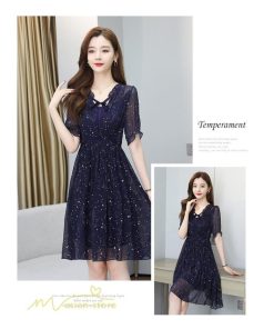 ミディアム | サマーワンピース レディース 半袖 薄手 透け感 Vネック おしゃれ カジュアル ミディアムワンピース フレア 大きいサイズ 星柄 XXL きれいめ 可愛い ワンピース