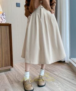 スカート | コーデュロイ台形秋冬 Aライン バッグゴム サイドポケット リブ 広い裾幅 通学通勤 オフィス ミモレ丈 可愛い ロング丈 低身長