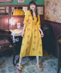 マキシ | ロング丈ワンピース レディース 花柄 Aライン 七分袖 ロング丈 ゆるシンプル きれいめ Vネック カジュアル 細見え 白 リゾート 黄色 上品 華やか 旅行